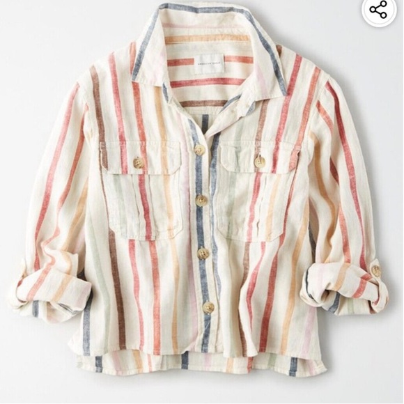 American Eagle Women's multi-colored striped cropped button up shirt - Picture 3 of 9